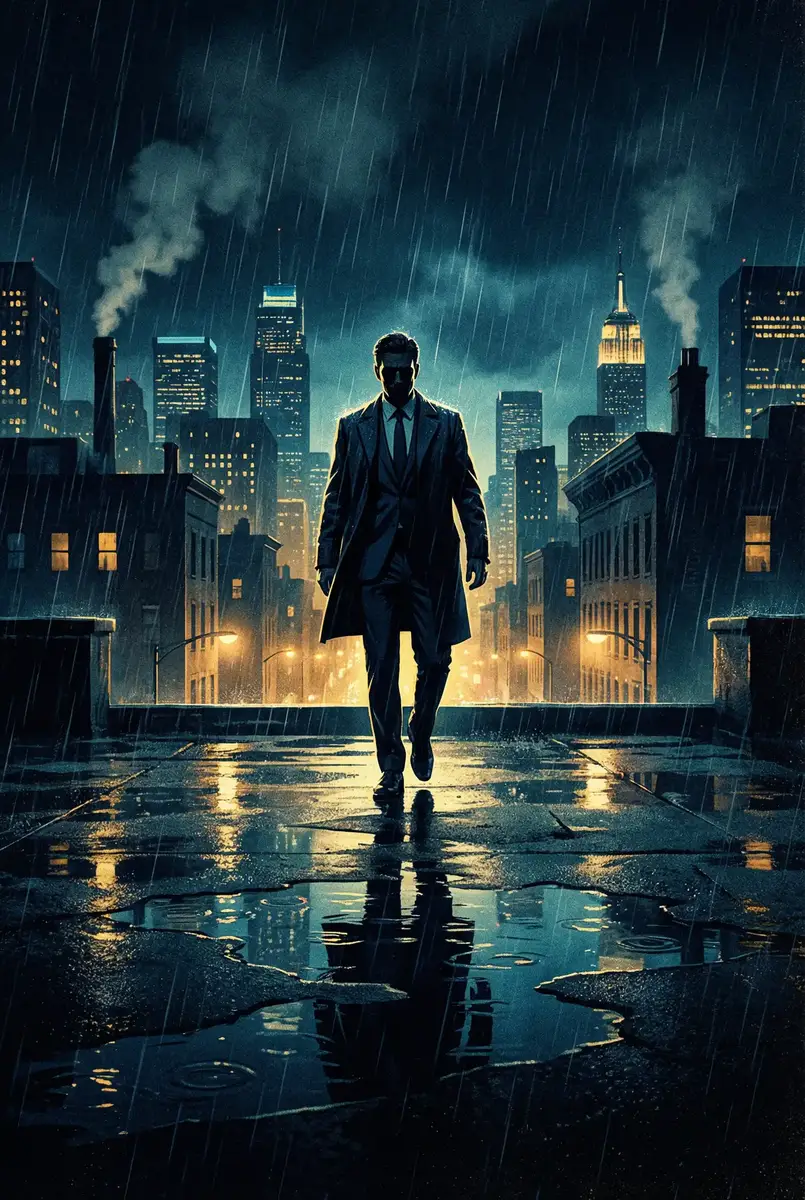 偶像之穴 出品影片《雨夜独行者》海报，雨中城市屋顶男性剪影